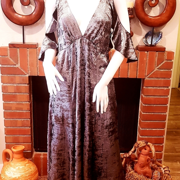 TOP SHOP Crushed Pewter Velvet LG. C/S Slit Dress-8-New - Picture 2 of 13